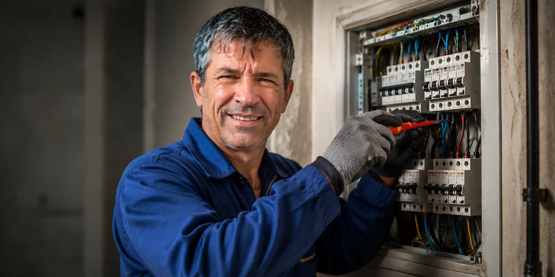 Sergio Kruger, electricista en Zárate, trabajando en un tablero eléctrico